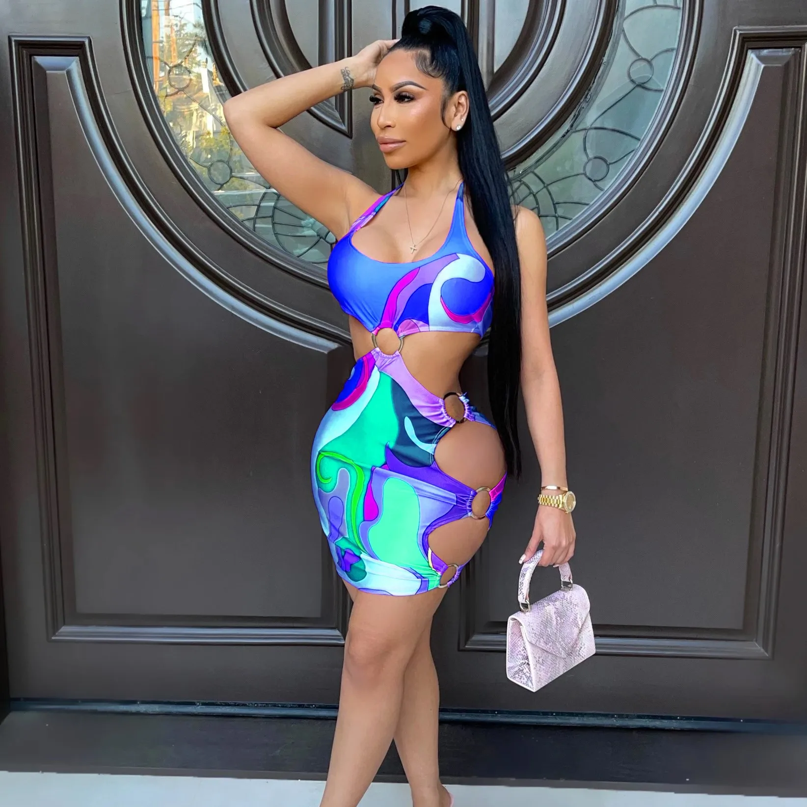 

X02846S Bandage Sexy Backless Cut Out Halter Dress Street Style Outfit For Women 2021 Summer Print Skinny Slim Side Slit Dresses, Orange/red/blue