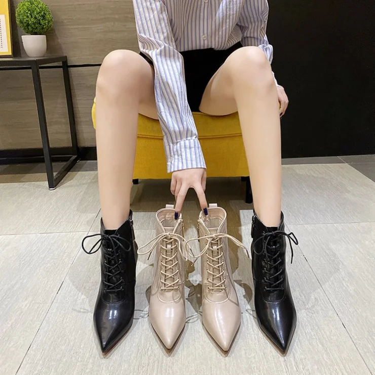 

Winter Womens High Heels Shoes Stylish Luxury Pointed Lace Up Ankle Ladies Leather Boots, Colors