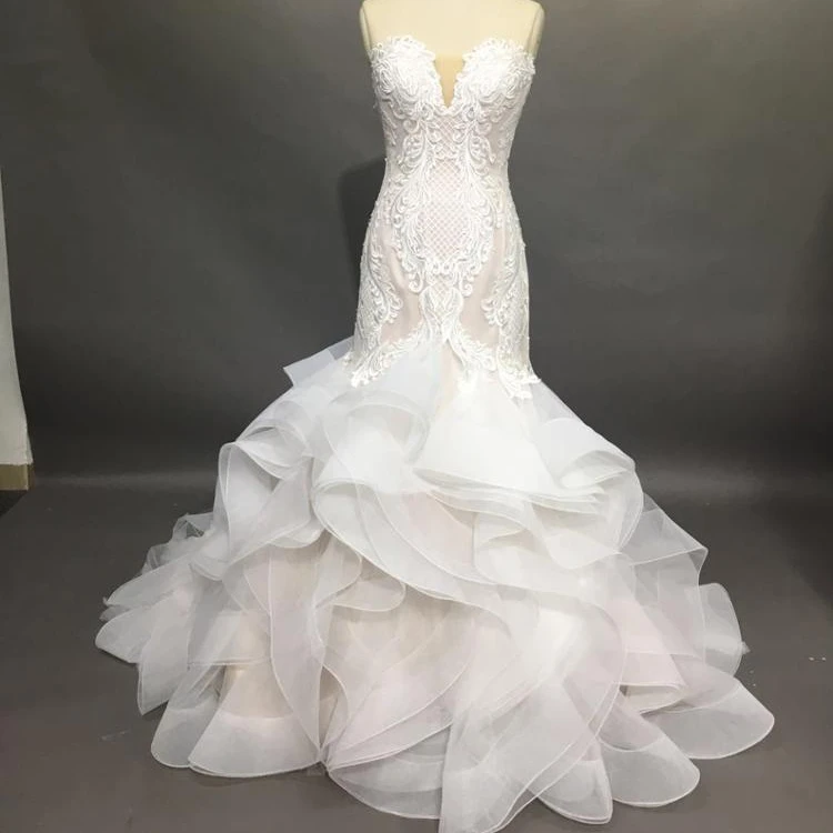 

Latest wedding dresses mermaid bridal dress with lace bodice horsetail organza ball skirt, Ivory and champagne