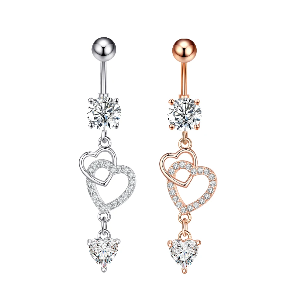 

Two Layers of Hearts with Diamonds Customized Belly Button Ring Navel Rings Sell Jewelry High Quality Wholesale, Sliver and rose gold