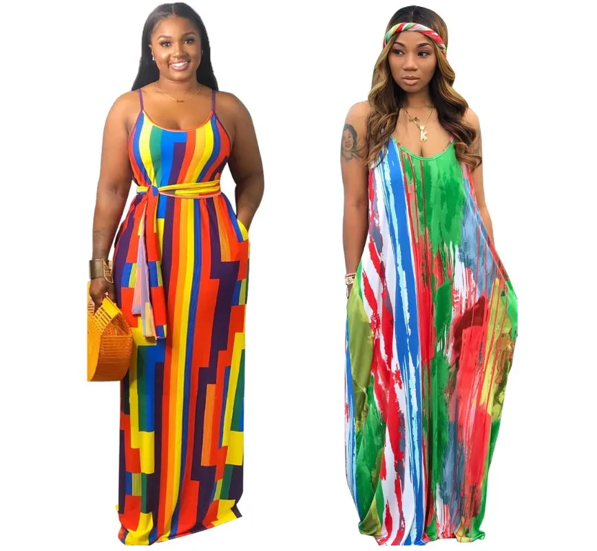 

Women Fashion Tie-dye Colorful Print Hanging Bandwidth Loose Dress Plus Size Girl Casual Elegant Maxi Apparel, As picture