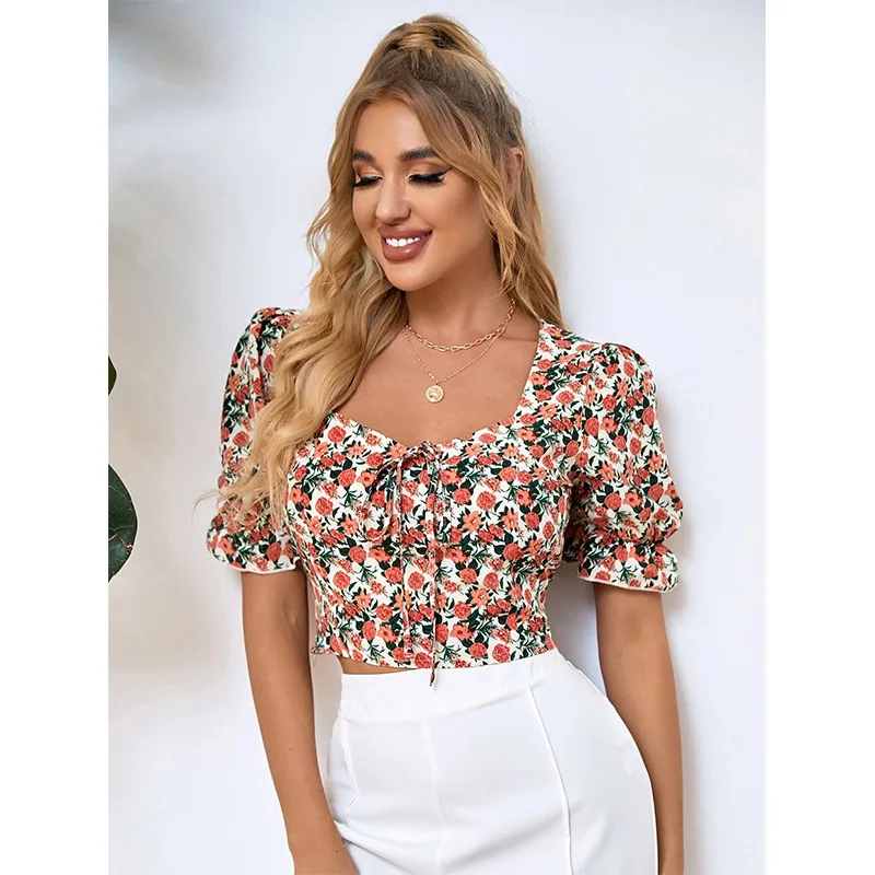 

Floral Print shirt elegant t-shirt women puff sleeve Square Collar tshirt Tie Up crop top Summer Shirts Casual Tees Harajuku, Colors