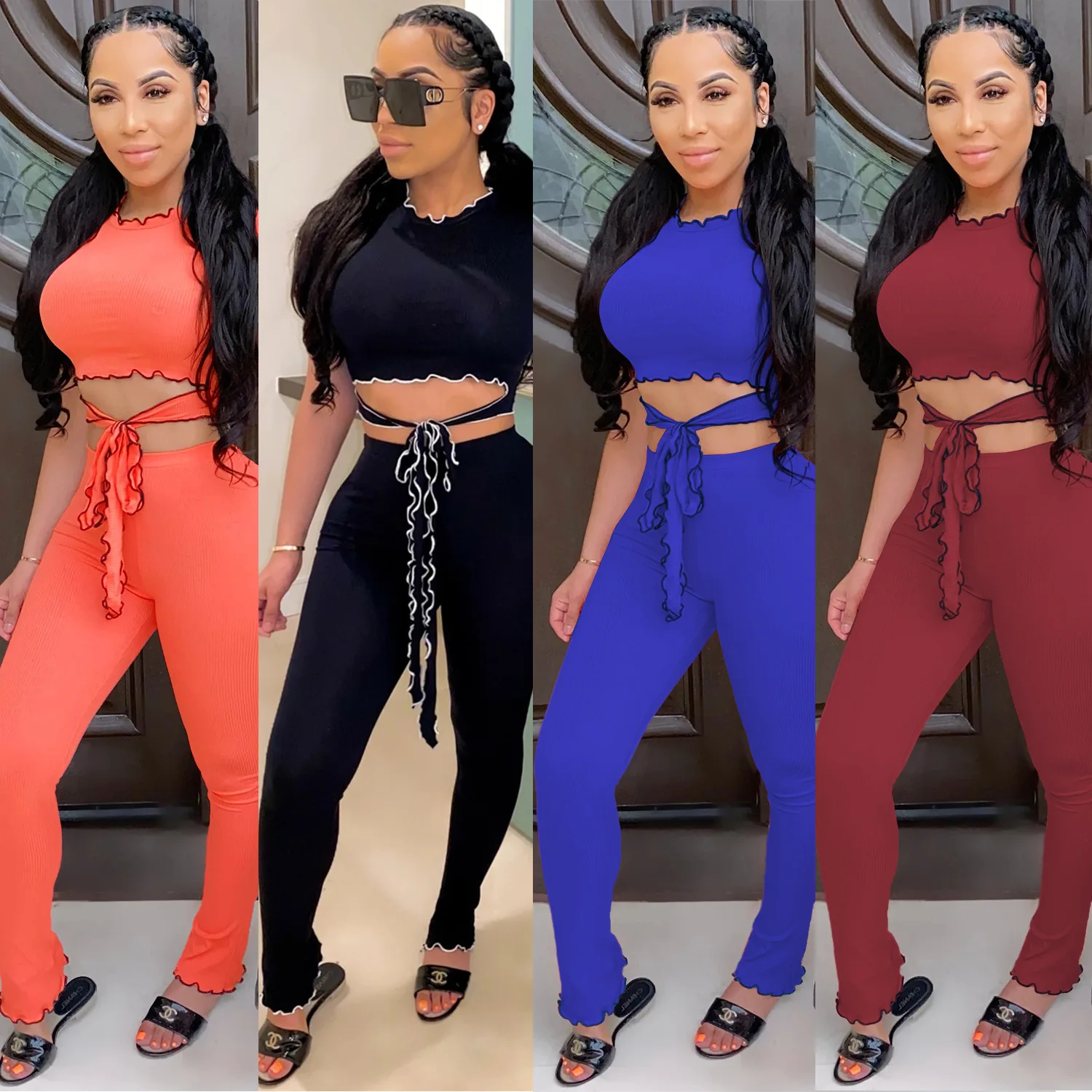 

Wholesale Women Sexy Two Piece Outfits Short Sleeve Waist Band Crop Top and Flare Pants Outfit