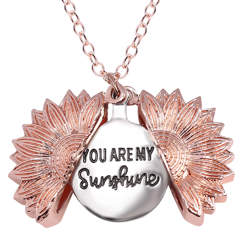 

Wholesale Fashion Locket Pendant Couple Jewelry You Are My Sunshine Engraved Sunflower Necklace