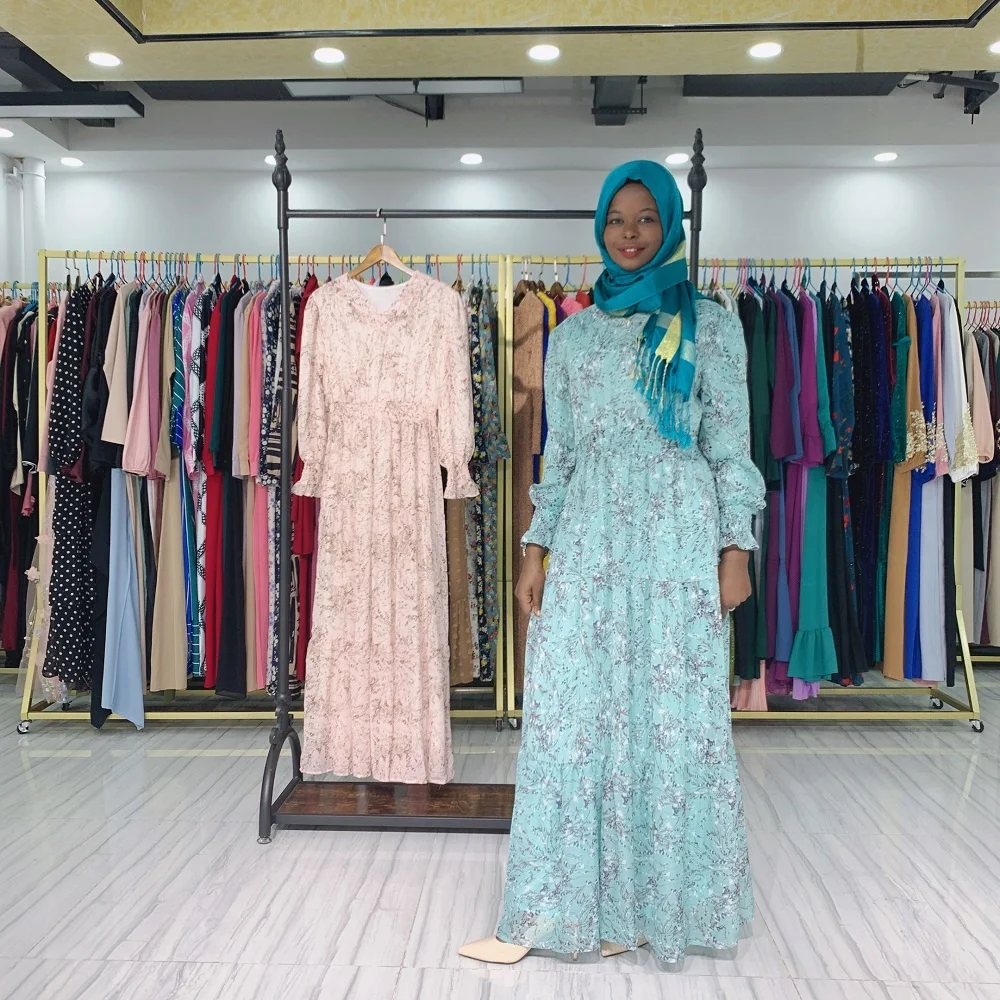

New floral chiffon Muslim maxi dress Abaya women summer dresses Dubai Turkey Islamic clothing, Blue, pink