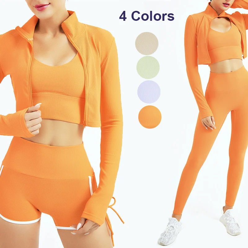 

Unique Fall Fashion Long Sleeve Sexy High Waist Skinny Solid Zip Running Sport Gym Yoga Set, As picture