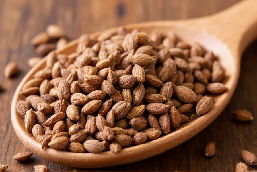Close-up view of cumin seeds showing their ridged texture and warm brown color on a wooden spoon