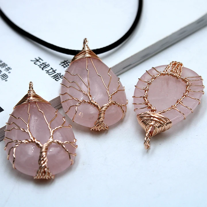 

Trendy Tree of Life Wire Wrapped Necklace Rose Quartz Necklace Crystal Necklaces for Women, Picture shows