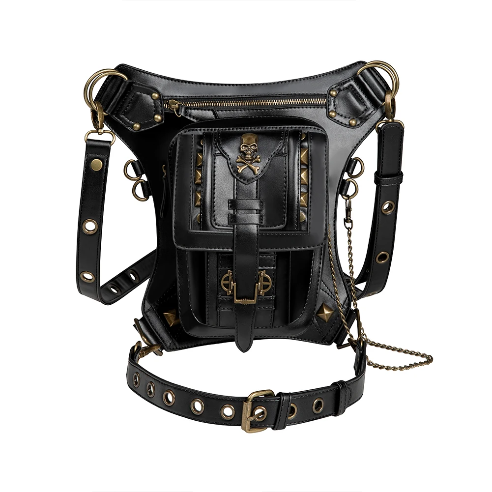

New steampunk steam skull pU outdoor fanny pack leather tactics buckle purse waist shoulder bag for Women