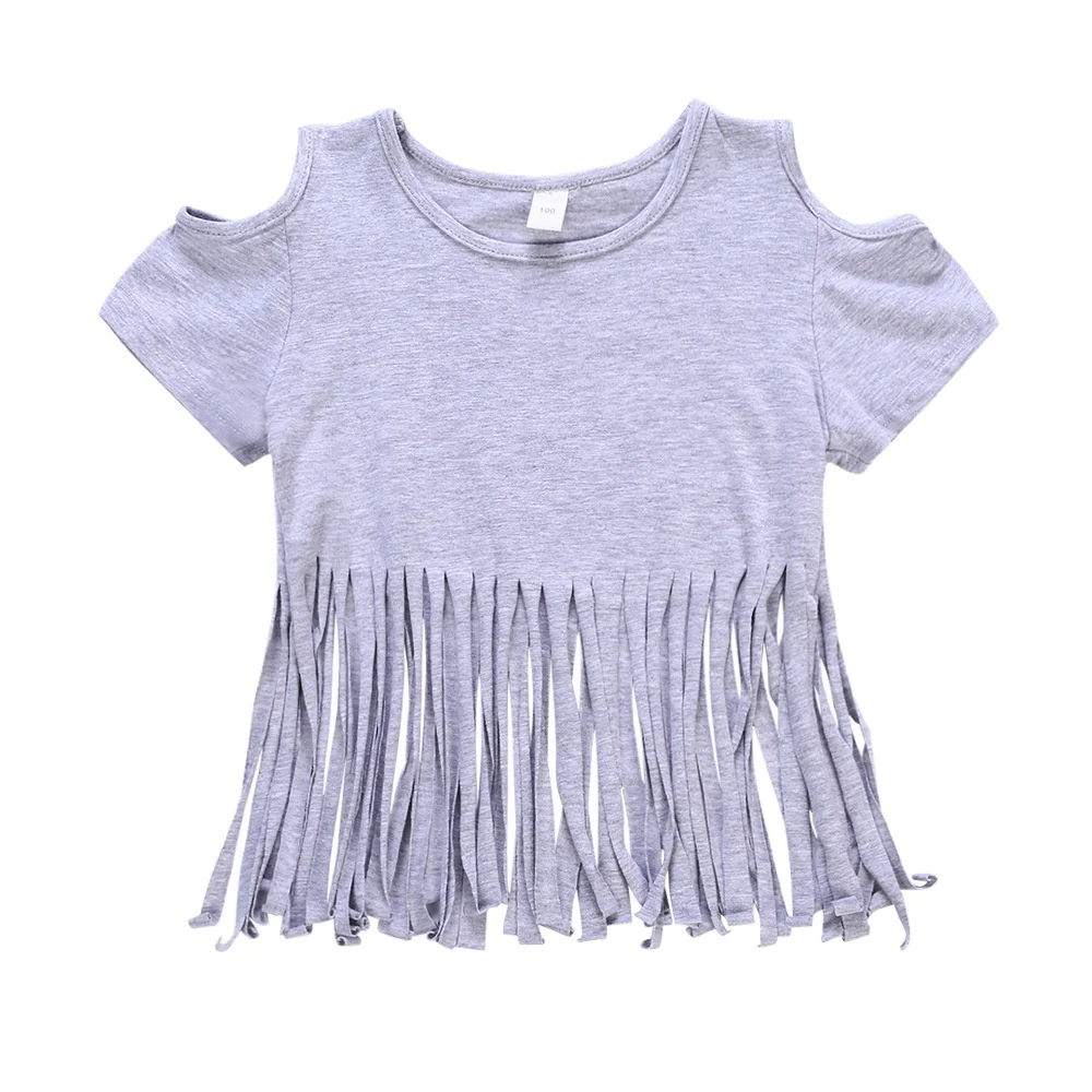 

Children's short-sleeved T-shirt girls' grey fringed Tops summer 2020 Kids Stylish Monochromatic Halterneck Vest