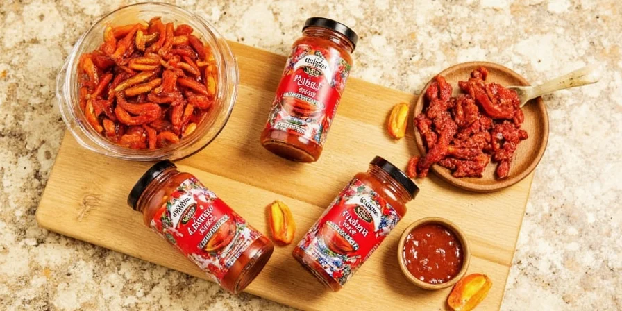 Homemade sweet and spicy pepper relish in a jar