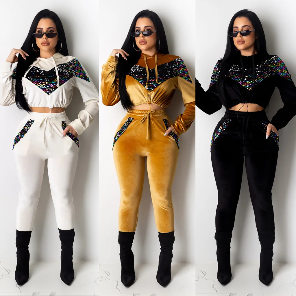 

2019 clothing long sleeve two-piece suit women o neck suede sequin print long clubwear party pants FM-6348