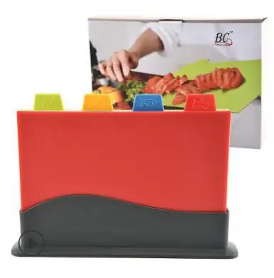 

Wholesale 4 Pieces Color Coded Index Kitchen Plastic Cutting Board Set with Storage Stand, As show or custom colors