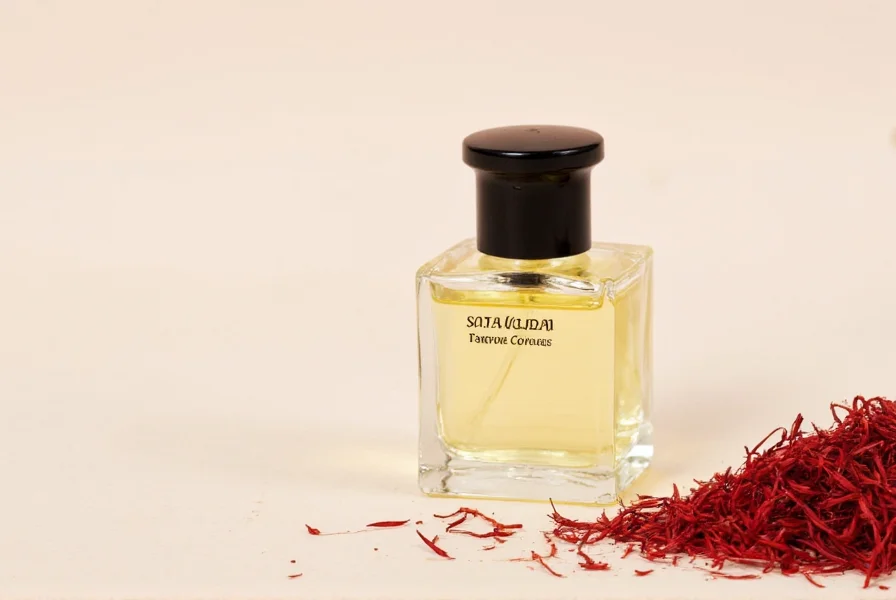 Luxury perfume bottle with amber-colored liquid on a marble surface, surrounded by saffron threads and dried flowers, soft natural lighting