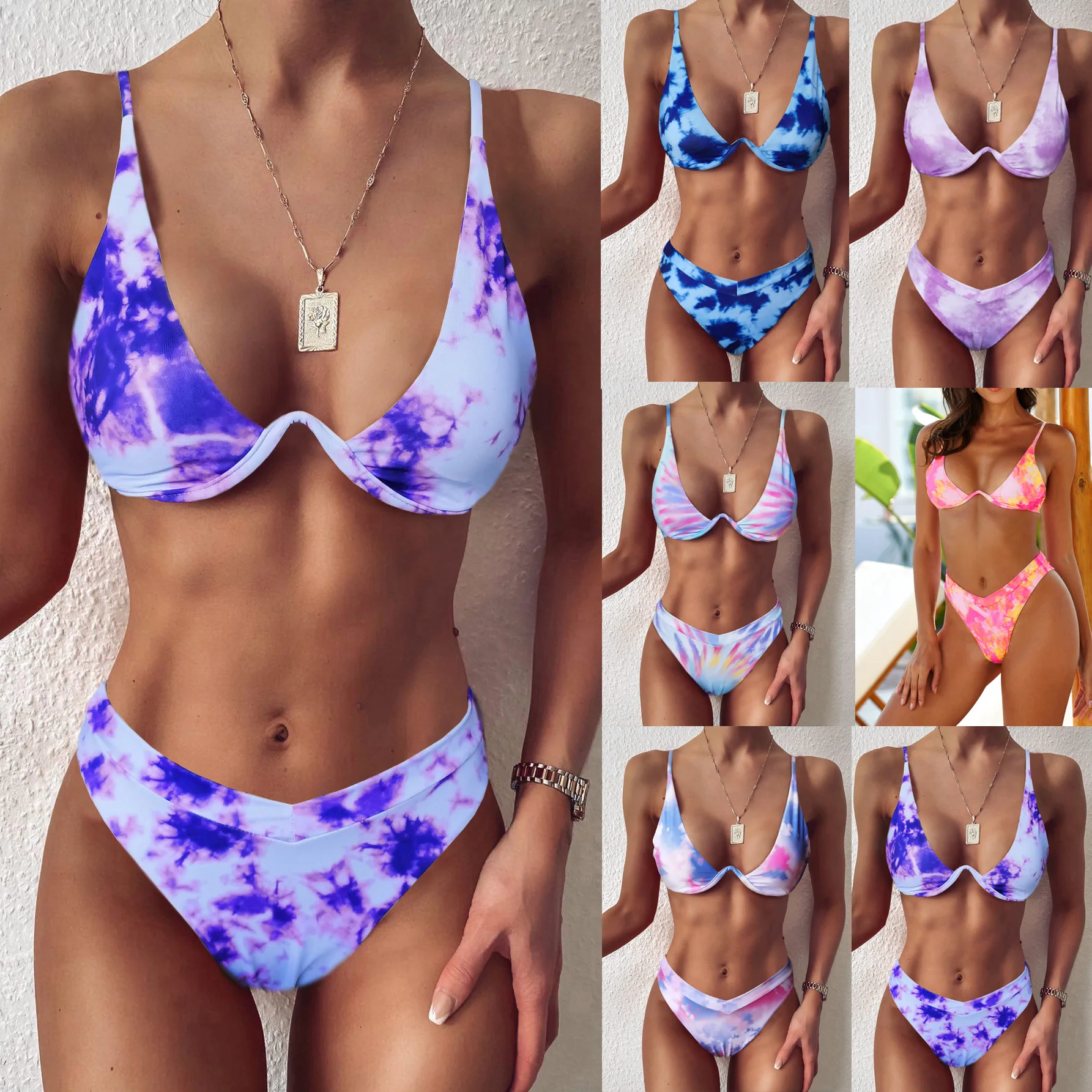 

2021 wholesale custom logo new ladies printed ladies swimsuit gradient tie-dye triangle sexy bikini suit, Customized color