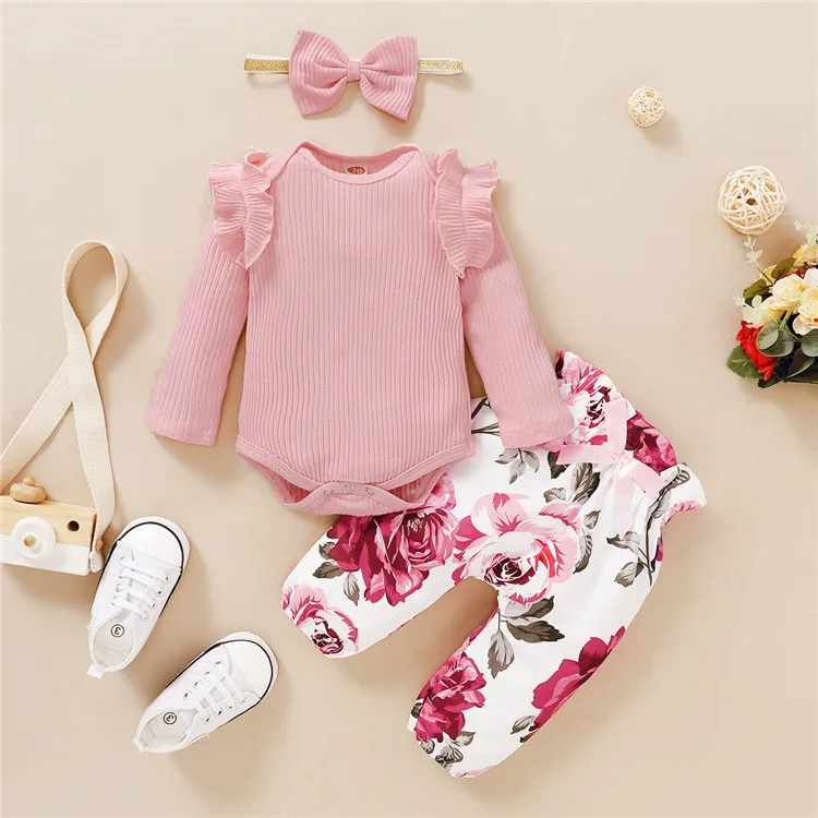 

Toddler Baby Girls' Clothing Sets Knitted Rompers+Floral Pants+Waistband 3Pcs Newborn Clothes for Spring Fall Infant Girl Outfit, Yellow/green/pink/burgundy/golden