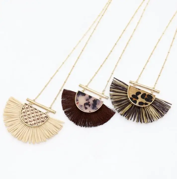 

European and American style jewelry Leopard print, straw woven inlaid semi-circular long exquisite necklace