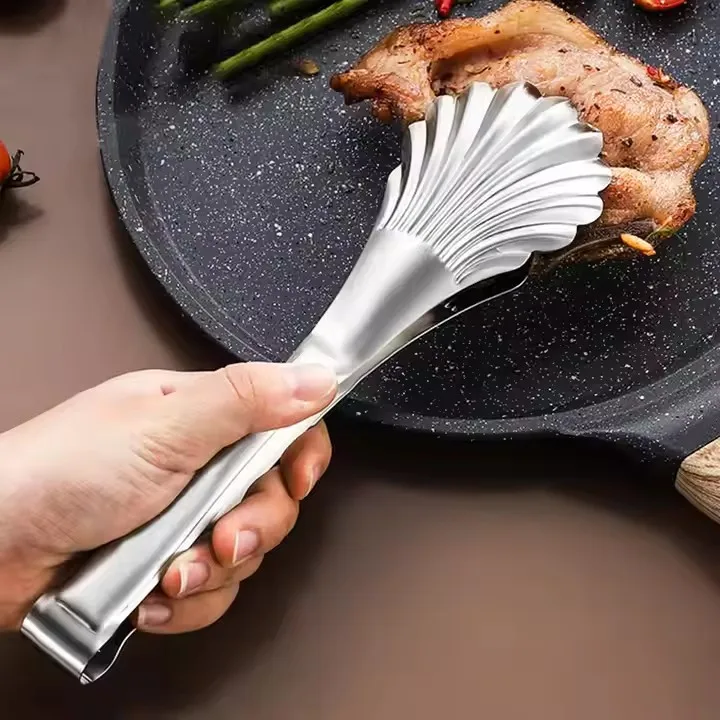 Restaurant Cooking Stainless Steel Shell Shape Food Clip BBQ Bread Steak Food Tong