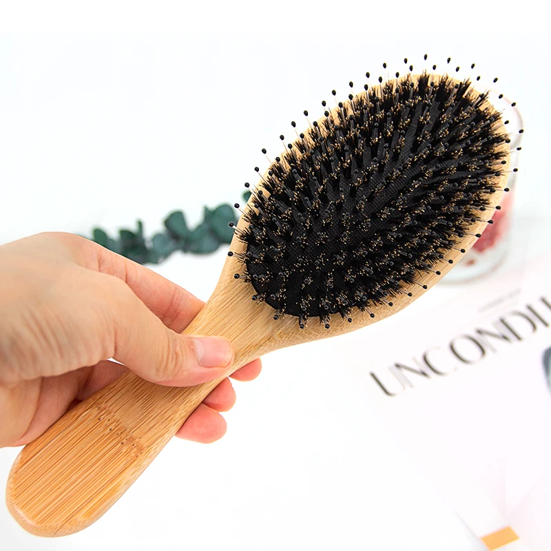 

Wholesale Private Label Paddle Brush Scalp Massage Bamboo with Boar Bristle Air Cushion Paddle Brush, Natural