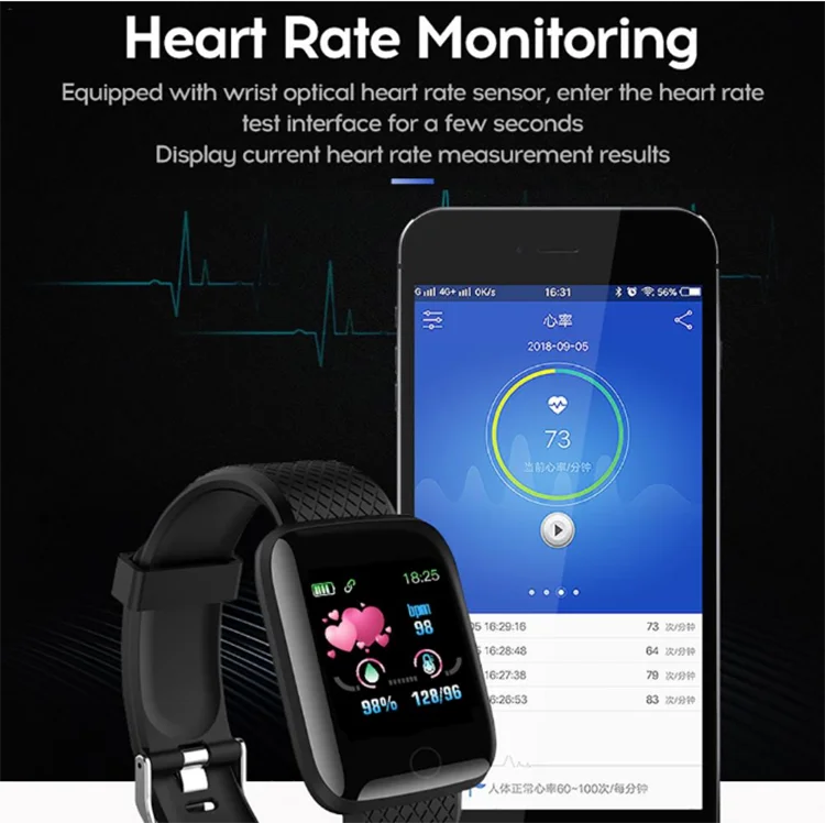 
116 PLUS Smart Bracelet Watch Color Screen Heart Rate Blood Pressure Monitoring Track Movement IP67 Waterproof Smart Watch 5.0 