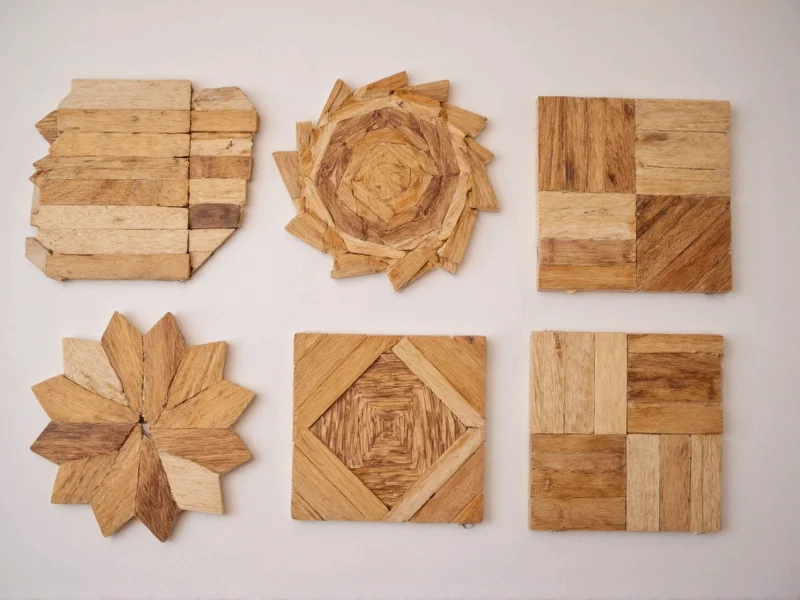 Wood scraps arranged into geometric coaster patterns