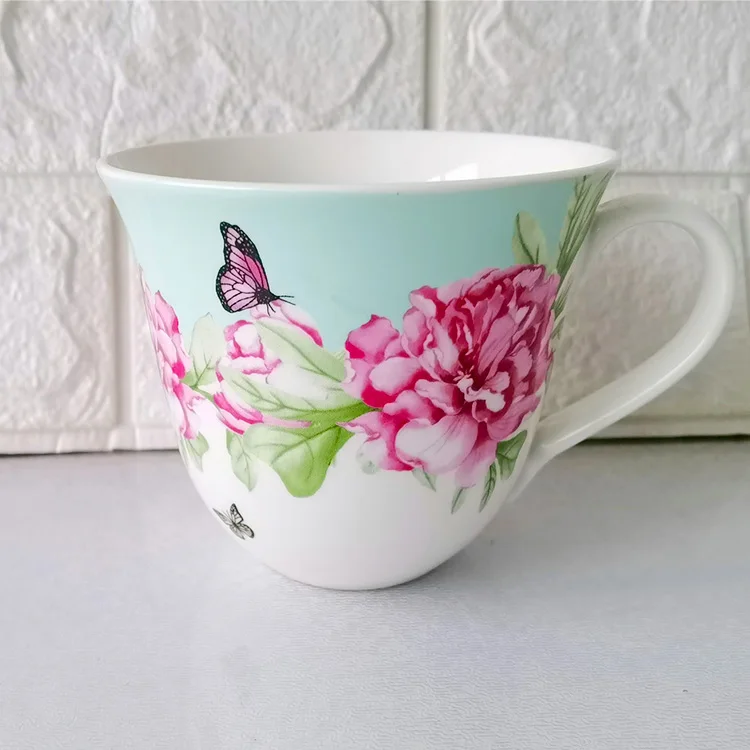 

English Flower Butterfly Pattern Large Capacity Drinking Mug Milk Mug, White/green/blue/yellow