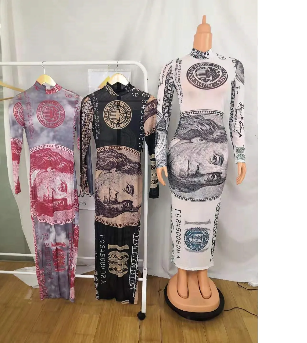 

2021 New Design Long Sleeve Fall Clothing For Women Transparent Money Bodycon Dress