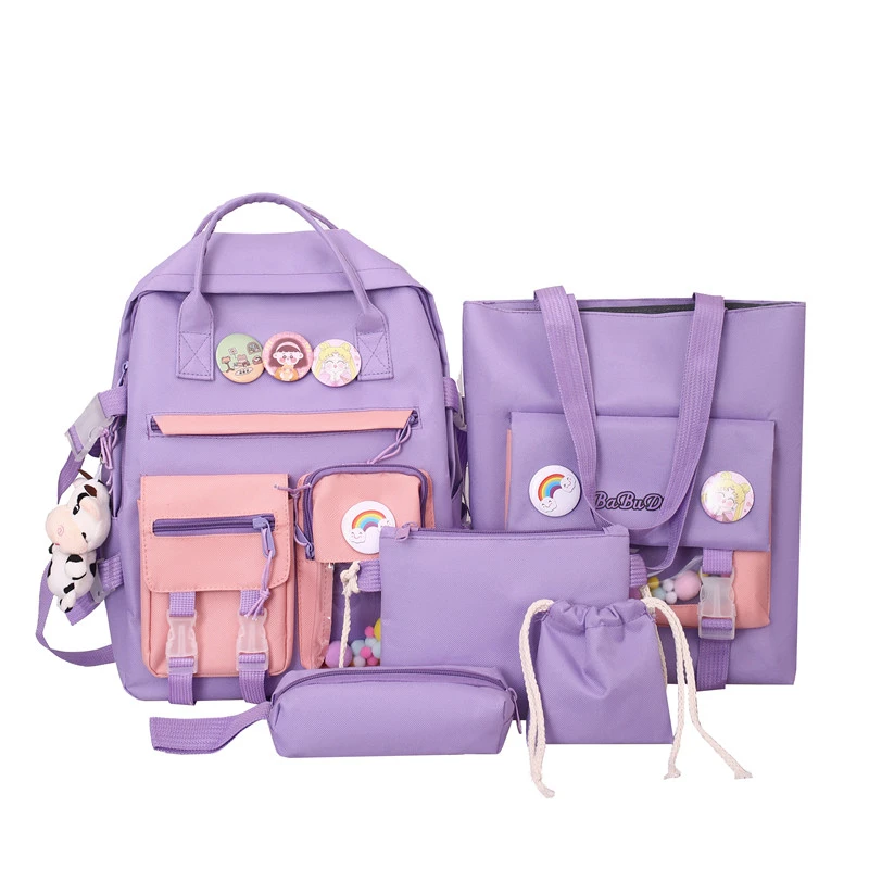 

Hot Selling 5 pcs sets Nylon School Bags for Teenage Girls Women New kawaii Backpack Ladies Child Student Shoulder Bag