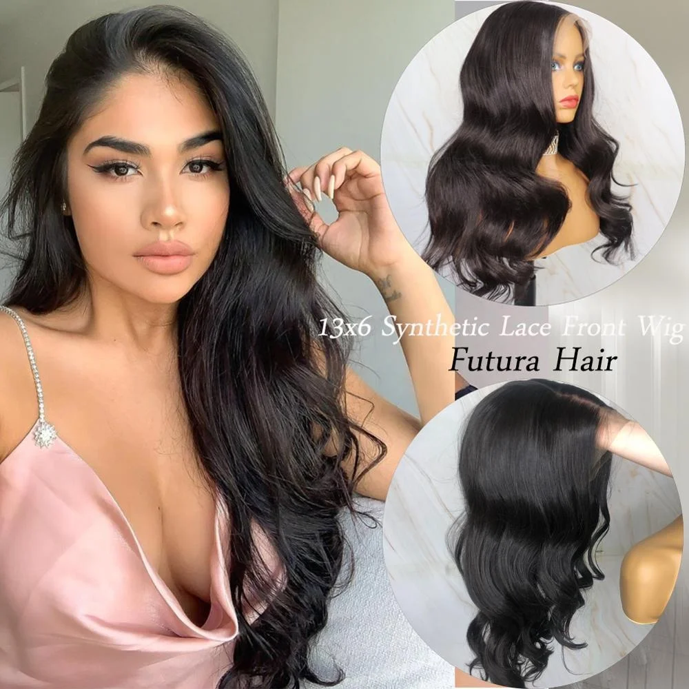 

Pre Plucked Hairline Natural Black Futura 13x6 Lace Front Synthetic Wig for Women