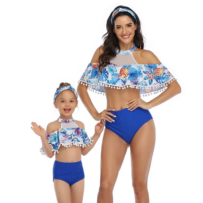 

Girls Swimsuit High Waisted Bathing Suit Halter Neck Bikini Swimwear Tankini for Mom and Girl