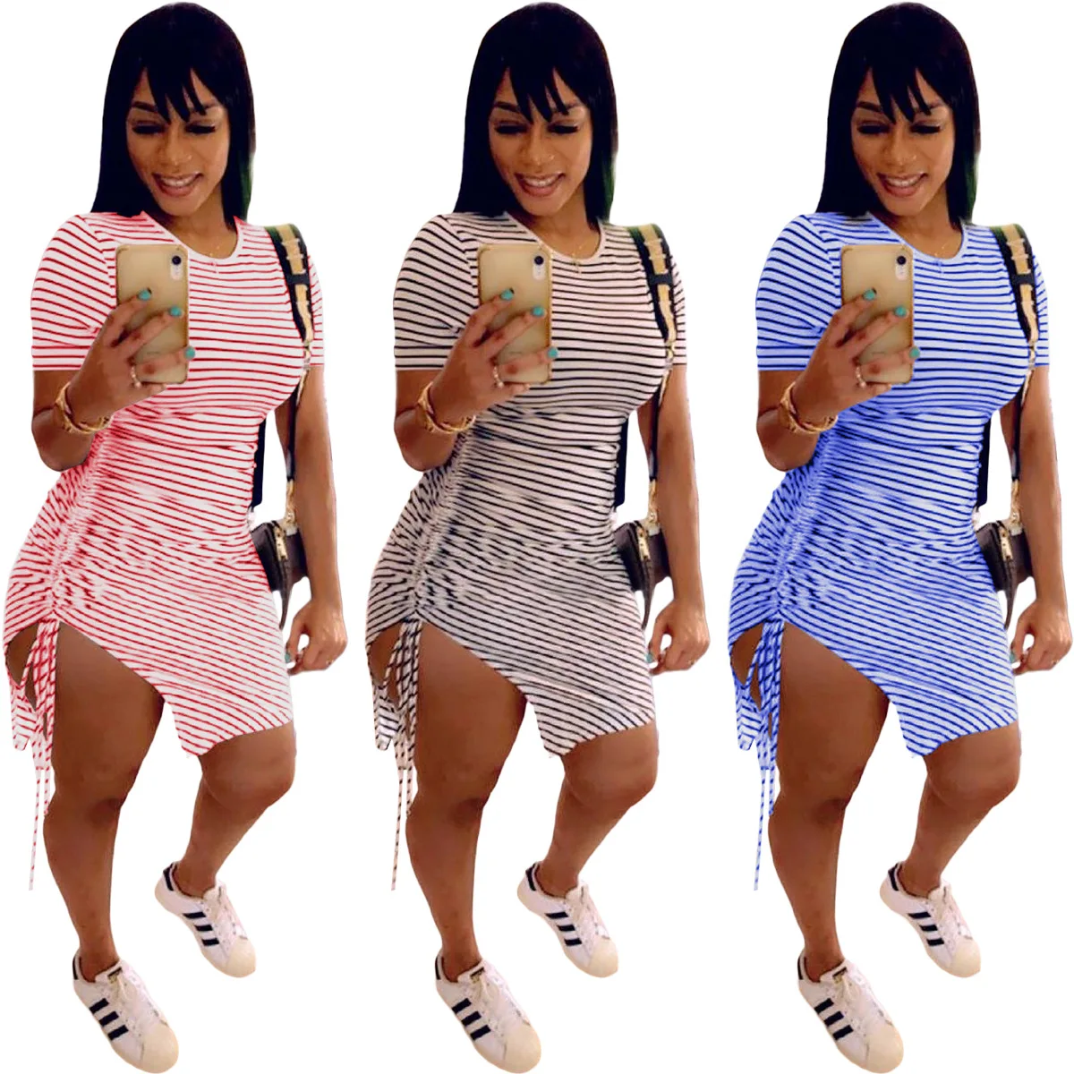 

new arrive split women stripe summer short sleeve dress casual women drawstring irregular dress, Custom choose