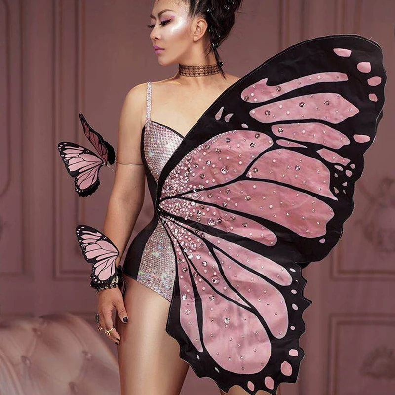 

Pink Butterfly Wings Rhinestones Bodysuit Dance Costume Women Party Show Performance Stage Wear Halloween Cosplay Costume