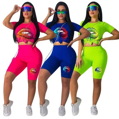 

2021 new summer women 2 piece women solid colors sets womens clothing casual set multiple ways to wear lip print sets