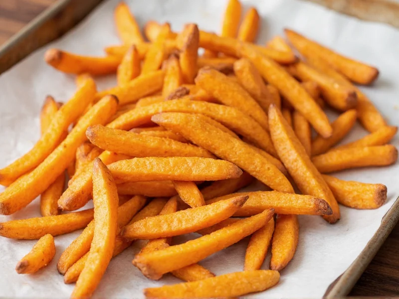 Golden-brown yam fries on parchment paper baking sheet