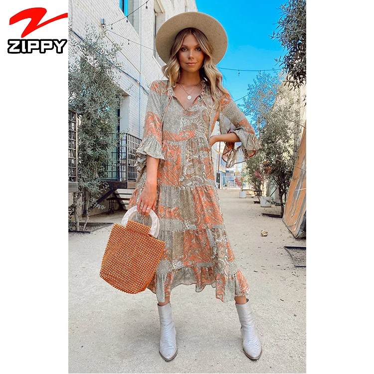 

V collar mandarin sleeve printed floral Boho beach casual dress women summer falbala Bohemia dresses clothing manufacturers, Customized color