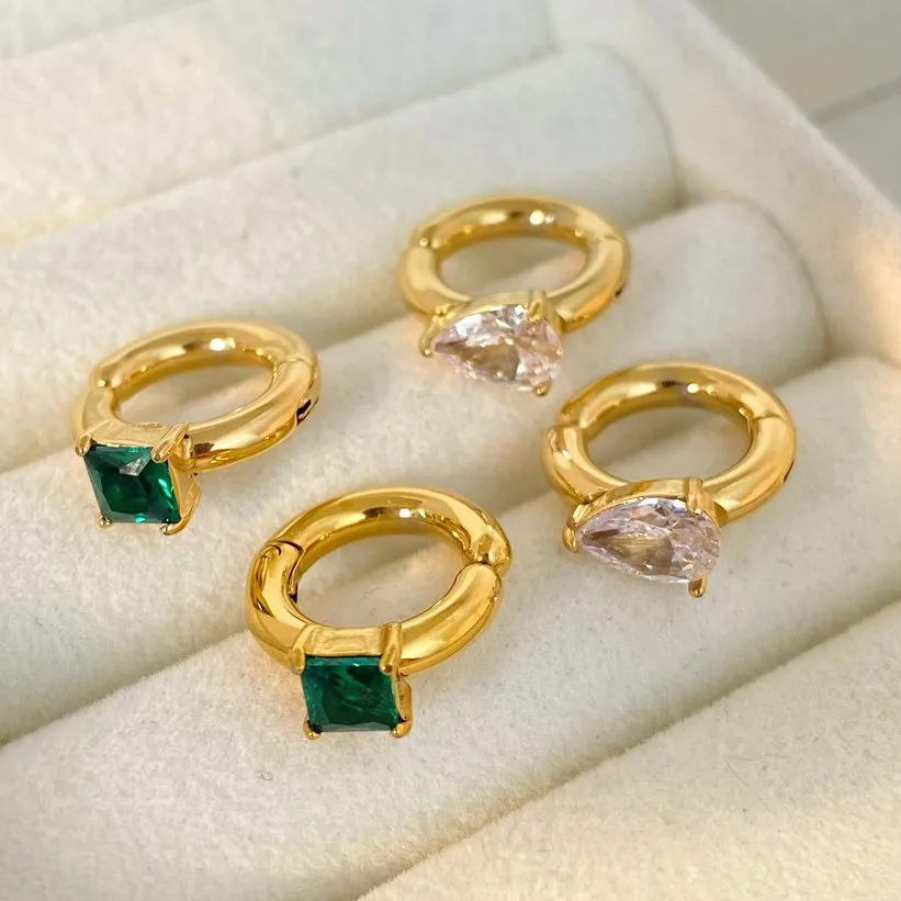 

Fashion stainless steel gold plated geometric square waterdrop zircon green white stone cuff no pierced earrings for women