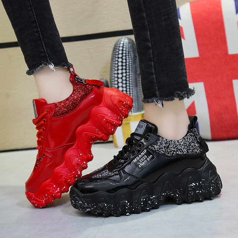 

Sneakers Women Fashion Sequined Cloth Bling Breathable Round Toe Leisure Chunky Sneakers Women Casual Shoes Tenis Feminino, Black,red,silver