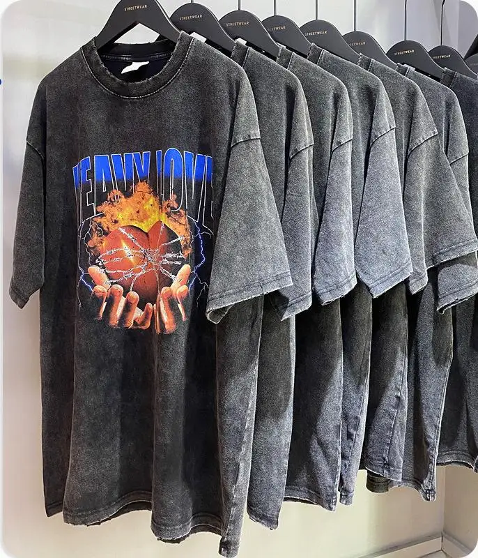 

100% Cotton Black Vintage Washed Tshirt In Spring SummerWholesale Oversized Mens Hip Hop Heavyweight Graphic T Shirt