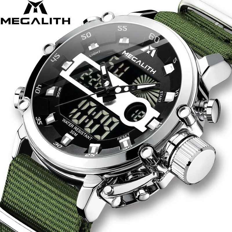 

Megalith Timer Dual Display Watch Led Luxury Luminous Analog-digital Wristwatches Military Sport Quartz Watches Men