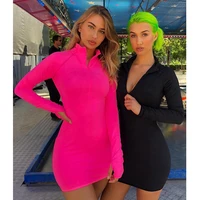 

Free shipping New Fashion Zipper Front Women Solid bodycon Turtleneck Pencil Skater Mini Casual Dress