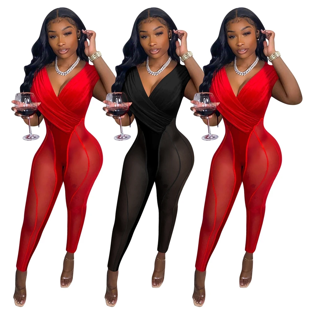 

Fast shipping 2022 Sexy jumpsuits women's clothing spring summer new mesh velvet splicing jumpsuit see through one piece pants