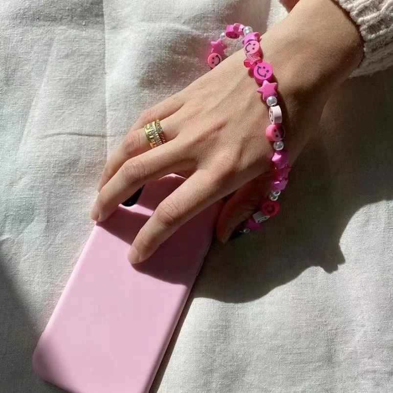 

Boho New Colorful Acrylic Bead phone chain Smile Mobile Phone Chain clay heart Strap chain for phone String Wristband, Picture