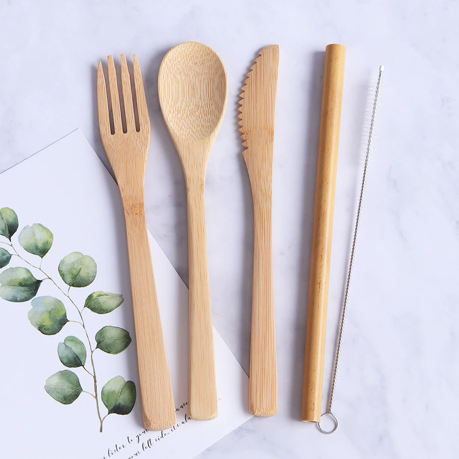 
wholesale 6pcs eco friendly travel picnic flatware natural reusable bamboo cutlery set 