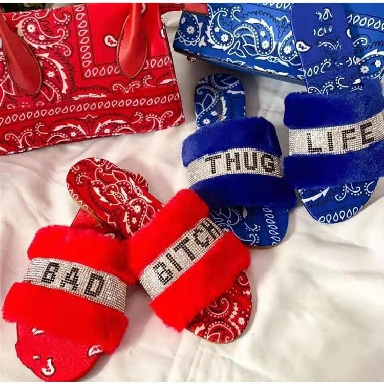 

KC 2021 New Arrivals Women Fashion Casual Flat Bandana Shoes Slides Designers Girls' Fluffy Slippers Women Fur Sandals Slippers