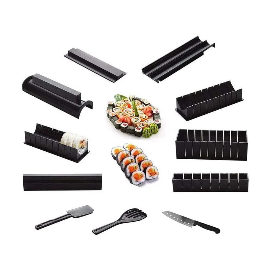 

11pcs DIY Sushi Making Set for Beginners Complete Plastic Sushi Maker Tool with 4 Sushi Rice Roll Mold Shapes Sashimi Knife, Black