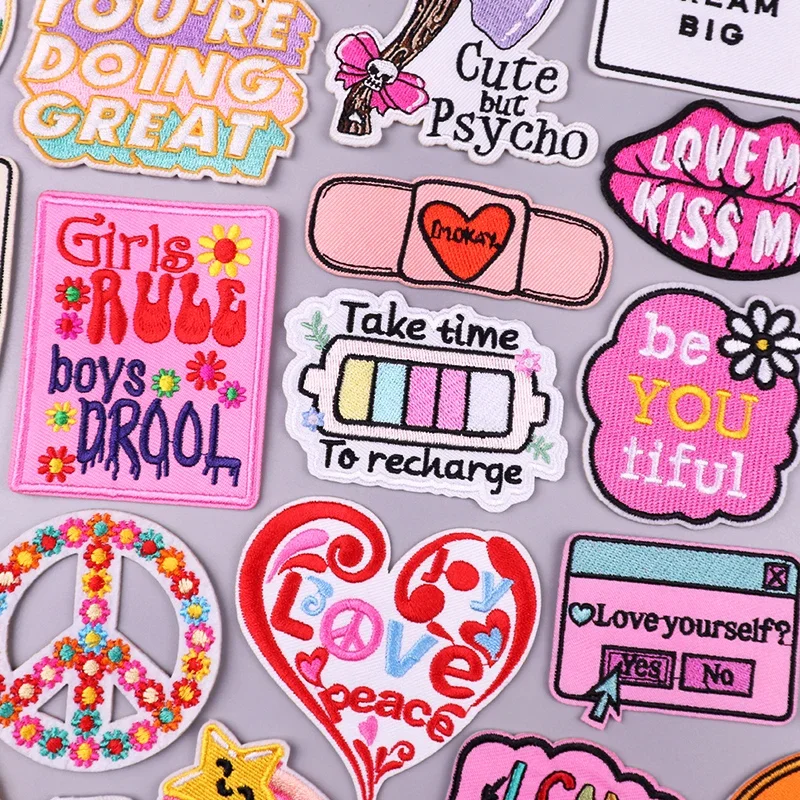 Pink Cartoon Heart Letter Embroidery Rainbow Letter Iron on Patches Custom Embroidery Logo Patches for Girls Clothing Hat Decor