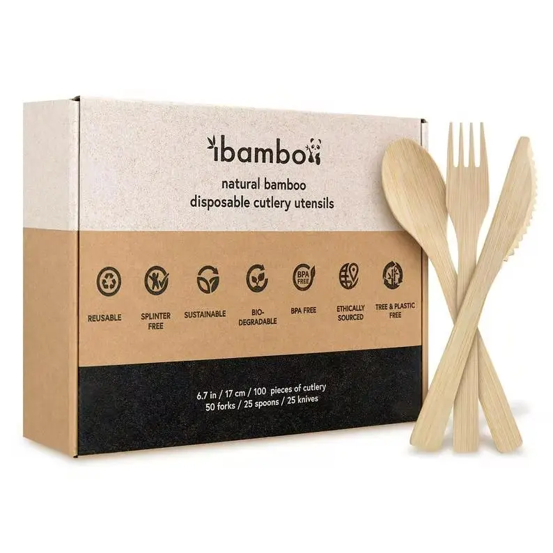 

Biodegradable Compostable Disposable Bamboo Cutlery Set Eco-friendly Bulk Bamboo Utensil Bamboo Spoon&Fork&Knife for Kids&Adult, Natural bamboo