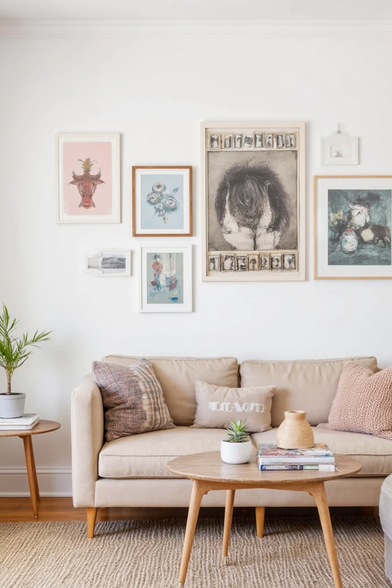 Wall art with framed kids' drawings
