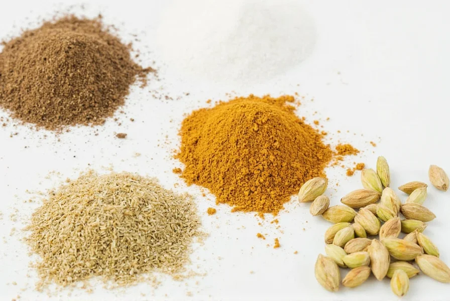 Homemade cardamom substitute blend ingredients: cinnamon, ginger, nutmeg, and cloves arranged in small bowls on wooden table