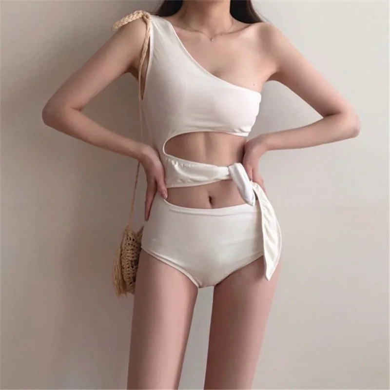 

YZ-0588 Sexy One Shoulder Backless Tall Waist Belly Show Thin Swimwear Woman One Piece High Waist Swimsuit